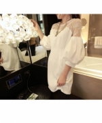 歐美風2015寬鬆大版性感燈籠袖蕾絲拼接包臀打底衫長款連衣裙《優質版》
